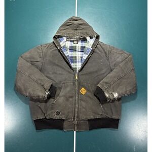 Vtg Muleskins By Carhartt Canvas Hooded Work Jacket XL Black Plaid Faded Trashed